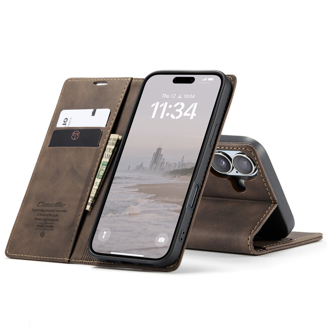 CaseMe - Telefoonhoesje geschikt voor Apple iPhone 16 - Wallet Book Case - Met Magnetische Sluiting - Donker Bruin