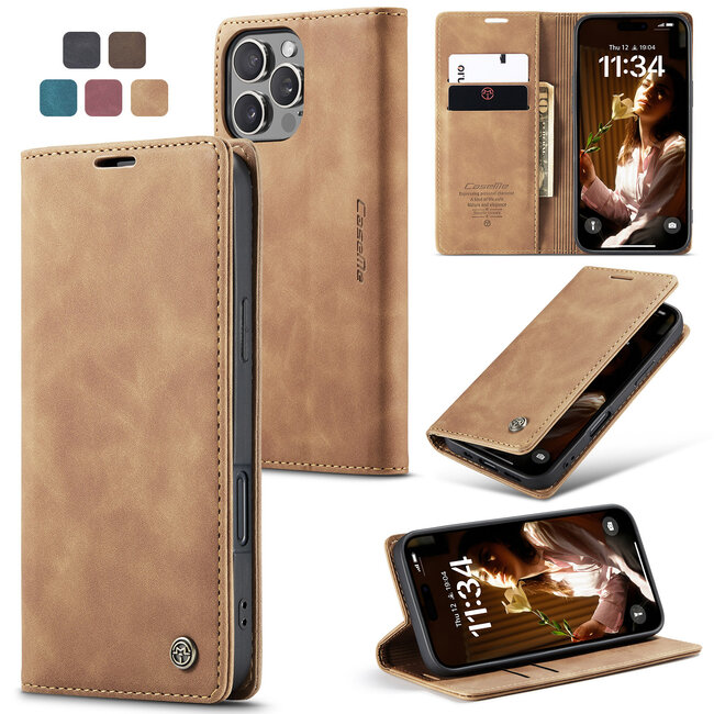 CaseMe - Telefoonhoesje geschikt voor Apple iPhone 16 Pro Max - Wallet Book Case - Met Magnetische Sluiting - Licht Bruin