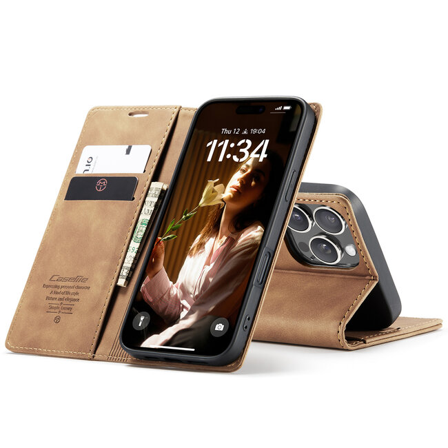 CaseMe - Telefoonhoesje geschikt voor Apple iPhone 16 Pro Max - Wallet Book Case - Met Magnetische Sluiting - Licht Bruin