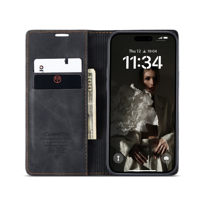 CaseMe - Telefoonhoesje geschikt voor Apple iPhone 16 - Wallet Book Case - Met Magnetische Sluiting - Zwart