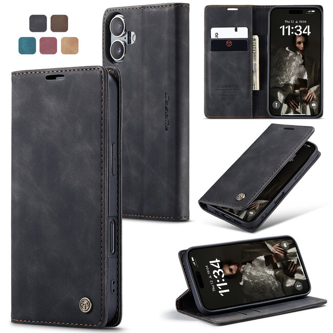 CaseMe - Telefoonhoesje geschikt voor Apple iPhone 16 - Wallet Book Case - Met Magnetische Sluiting - Zwart