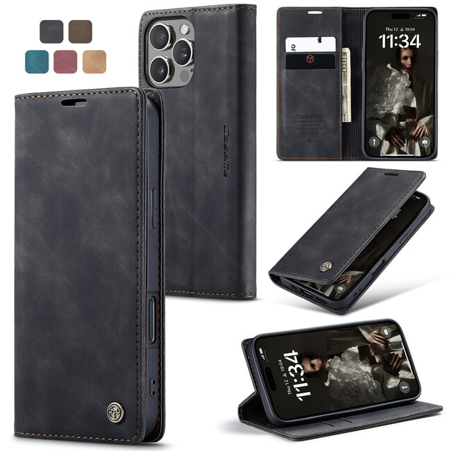 CaseMe - Telefoonhoesje geschikt voor Apple iPhone 16 Pro Max - Wallet Book Case - Met Magnetische Sluiting - Zwart