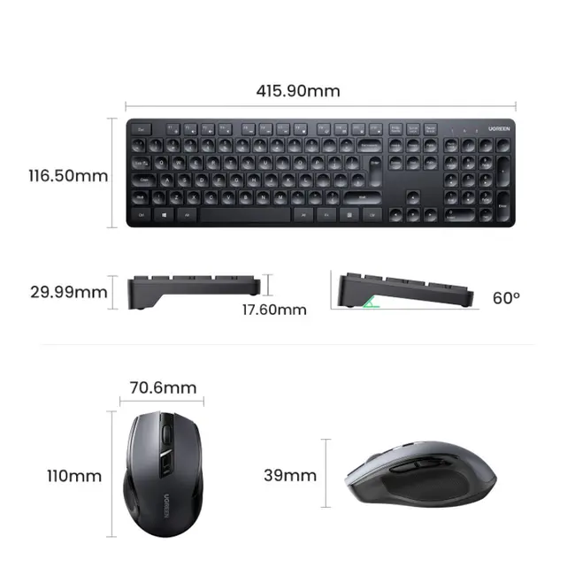 Ugreen - Draadloos Toetsenbord en Muis - QWERTY - 2.4G Keyboard - Met USB Dongle - Universeel - Zwart