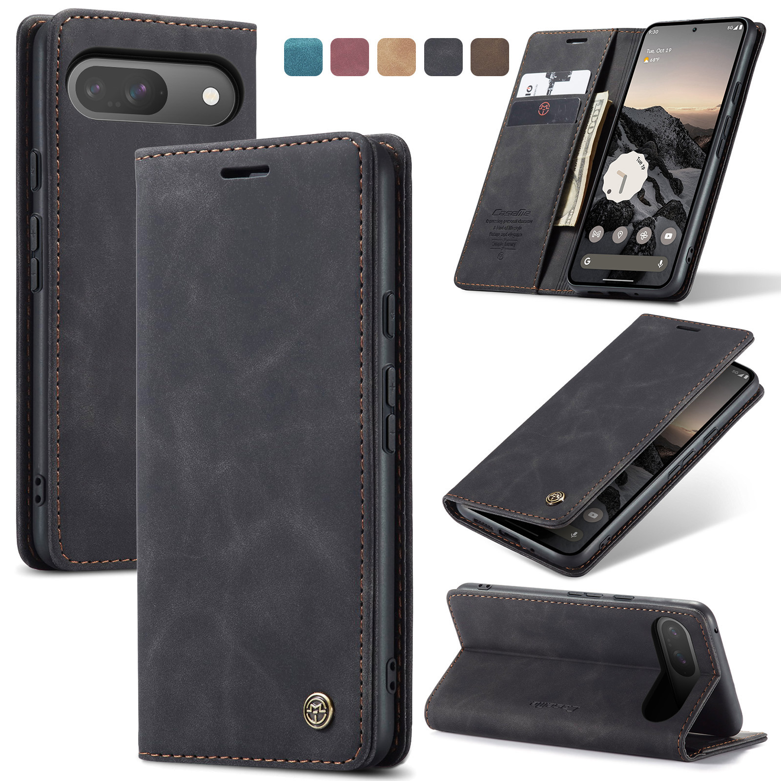 Caseme - Telefoonhoesje geschikt voor Google Pixel 9/9 Pro - Wallet Book Case - Met Magnetische Sluiting - Zwart afbeelding