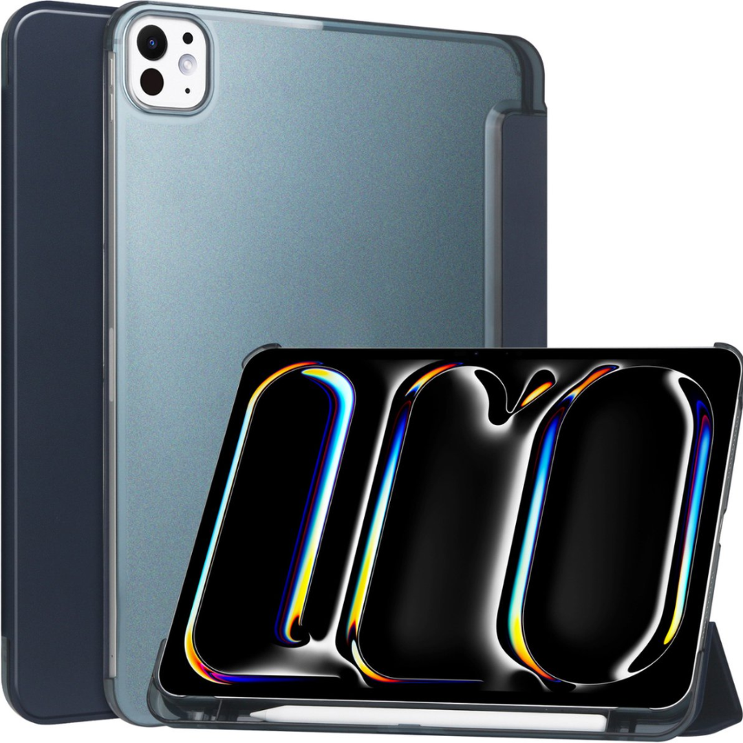Case2go - Tablet hoes geschikt voor Apple iPad Pro 13 (2024) - Tri-fold Frosted Case met Auto/Wake Functie - Met Pencilhouder - 13 inch - Donkerblauw afbeelding
