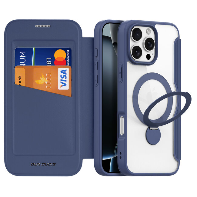 Dux Ducis - Telefoon Hoesje geschikt voor Apple iPhone 16 Pro Max - Hoesje geschikt voor Magsafe magneet - Uitklapbare 360° ring standaard - Skin X Pro - Book Case - Blauw