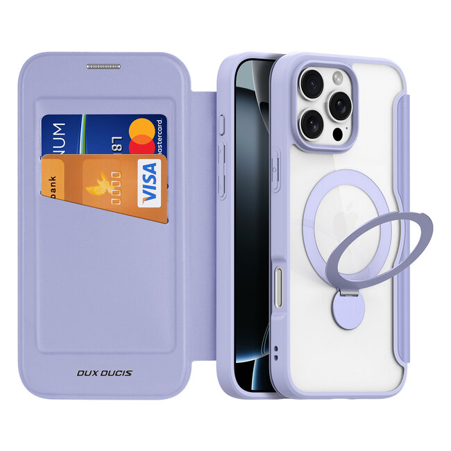 Dux Ducis - Telefoon Hoesje geschikt voor Apple iPhone 16 Pro Max - Hoesje geschikt voor Magsafe magneet - Uitklapbare 360° ring standaard - Skin X Pro - Book Case - Paars