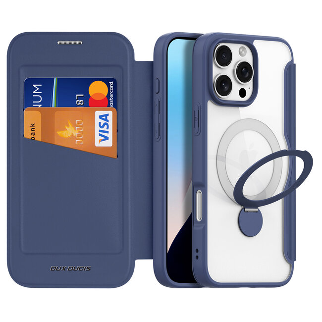 Dux Ducis - Telefoon Hoesje geschikt voor Apple iPhone 16 Pro - Hoesje geschikt voor Magsafe magneet - Uitklapbare 360° ring standaard - Skin X Pro - Book Case - Blauw