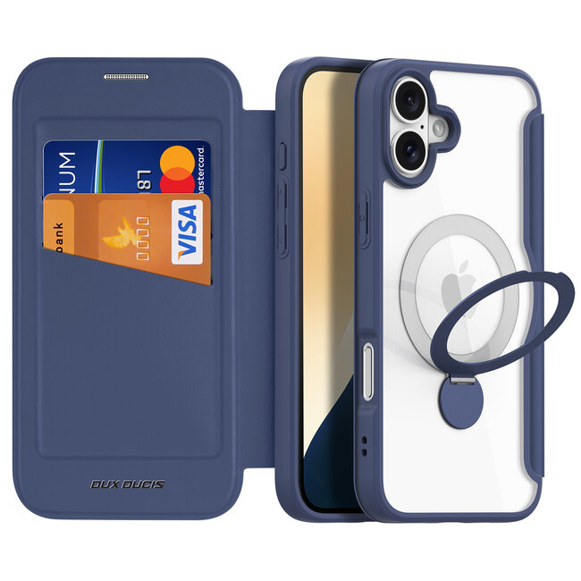 Dux Ducis - Telefoon Hoesje geschikt voor Apple iPhone 16 Plus - Hoesje geschikt voor Magsafe magneet - Uitklapbare 360° ring standaard - Skin X Pro - Book Case - Blauw