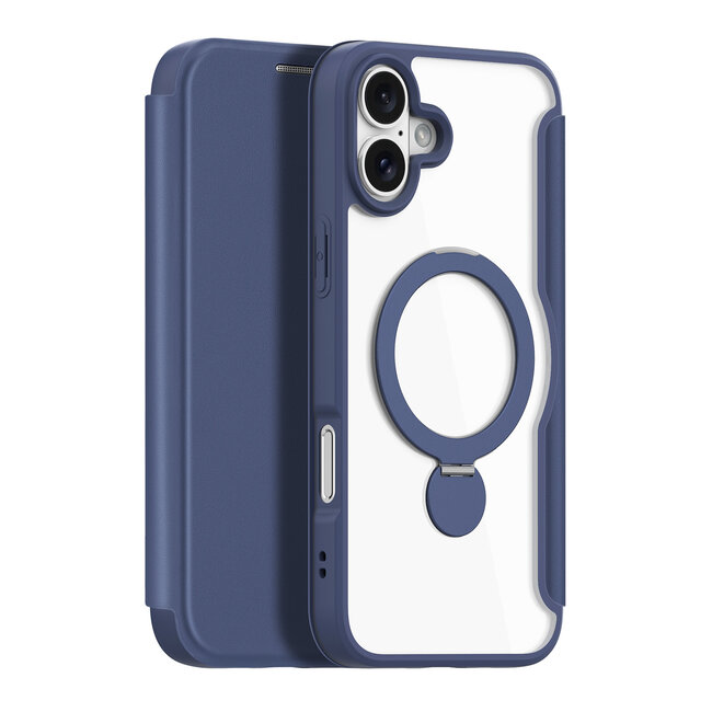 Dux Ducis - Telefoon Hoesje geschikt voor Apple iPhone 16 Plus - Hoesje geschikt voor Magsafe magneet - Uitklapbare 360° ring standaard - Skin X Pro - Book Case - Blauw