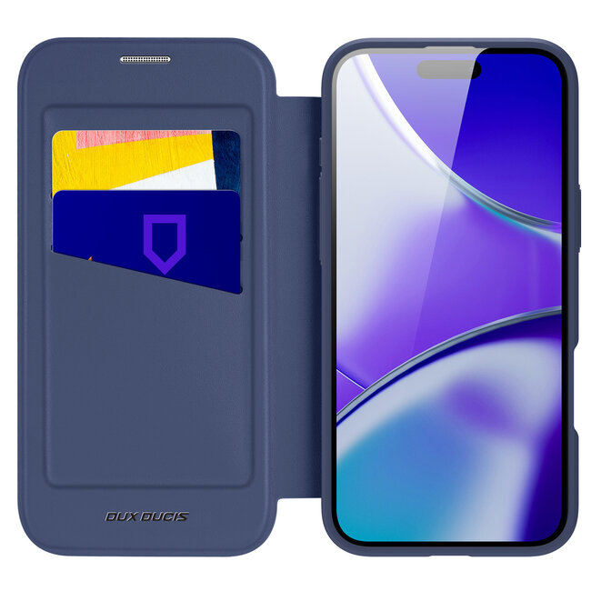 Dux Ducis - Telefoon Hoesje geschikt voor Apple iPhone 16 Plus - Hoesje geschikt voor Magsafe magneet - Uitklapbare 360° ring standaard - Skin X Pro - Book Case - Blauw
