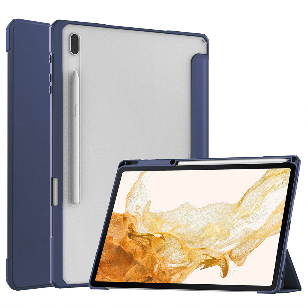 Case2go - Tablet Hoes geschikt voor Samsung Galaxy Tab S8 Plus (2022) - Tri-Fold Transparante Cover - Met Pencil Houder - Blauw afbeelding