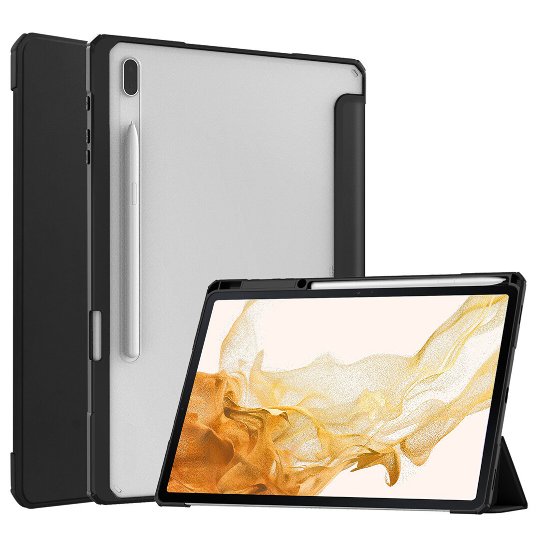 Case2go - Tablet Hoes geschikt voor Samsung Galaxy Tab S8 Plus (2022) - Tri-Fold Transparante Cover - Met Pencil Houder - Zwart afbeelding