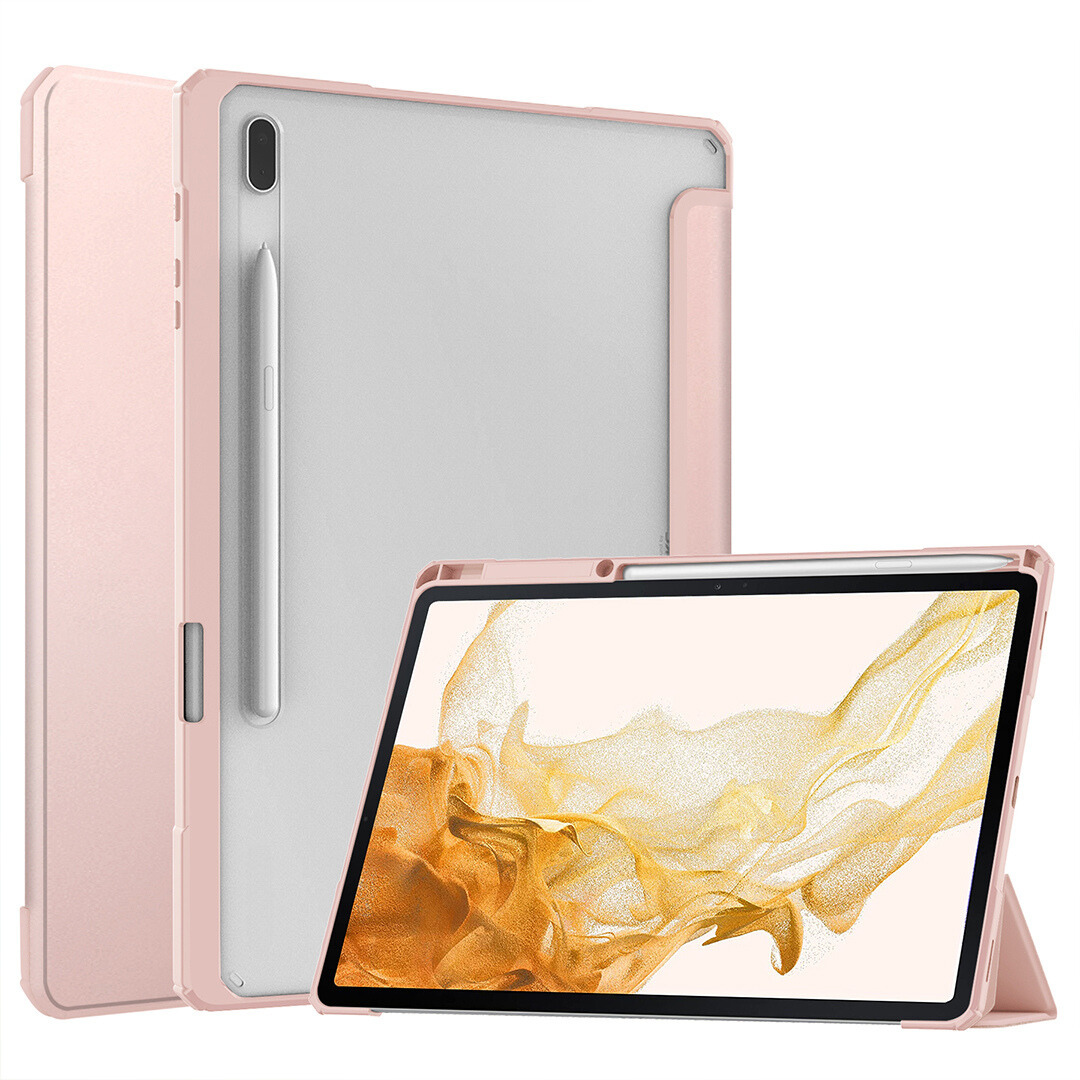 Case2go - Tablet Hoes geschikt voor Samsung Galaxy Tab S8 Plus (2022) - Tri-Fold Transparante Cover - Met Pencil Houder - Roze afbeelding