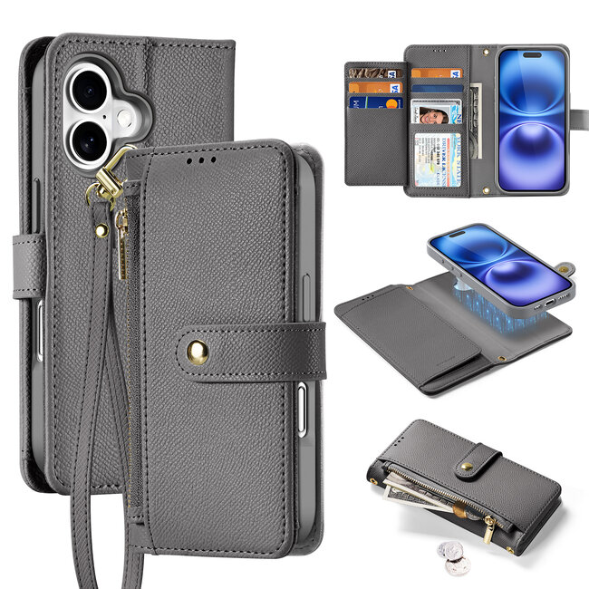 Dux Ducis - Telefoon Hoesje geschikt voor Apple iPhone 16 - Hoesje geschikt voor Magsafe Magneet - 2 in 1 Wallet Book Case -  Lawa Series - Grijs