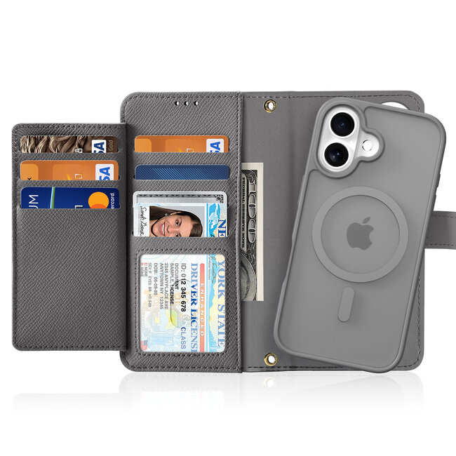 Dux Ducis - Telefoon Hoesje geschikt voor Apple iPhone 16 - Hoesje geschikt voor Magsafe Magneet - 2 in 1 Wallet Book Case -  Lawa Series - Grijs
