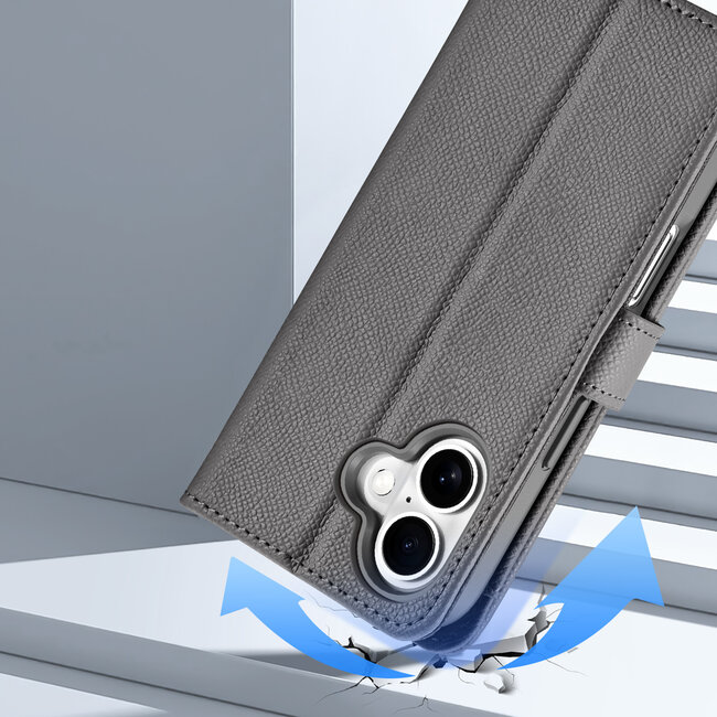 Dux Ducis - Telefoon Hoesje geschikt voor Apple iPhone 16 - Hoesje geschikt voor Magsafe Magneet - 2 in 1 Wallet Book Case -  Lawa Series - Grijs