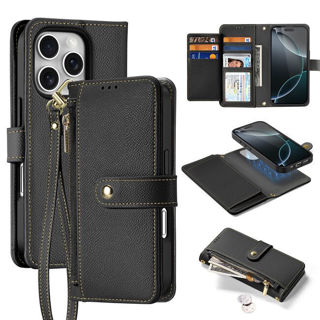 Dux Ducis - Telefoon Hoesje geschikt voor Apple iPhone 16 Pro Max - Hoesje geschikt voor Magsafe Magneet - 2 in 1 Wallet Book Case -  Lawa Series - Zwart