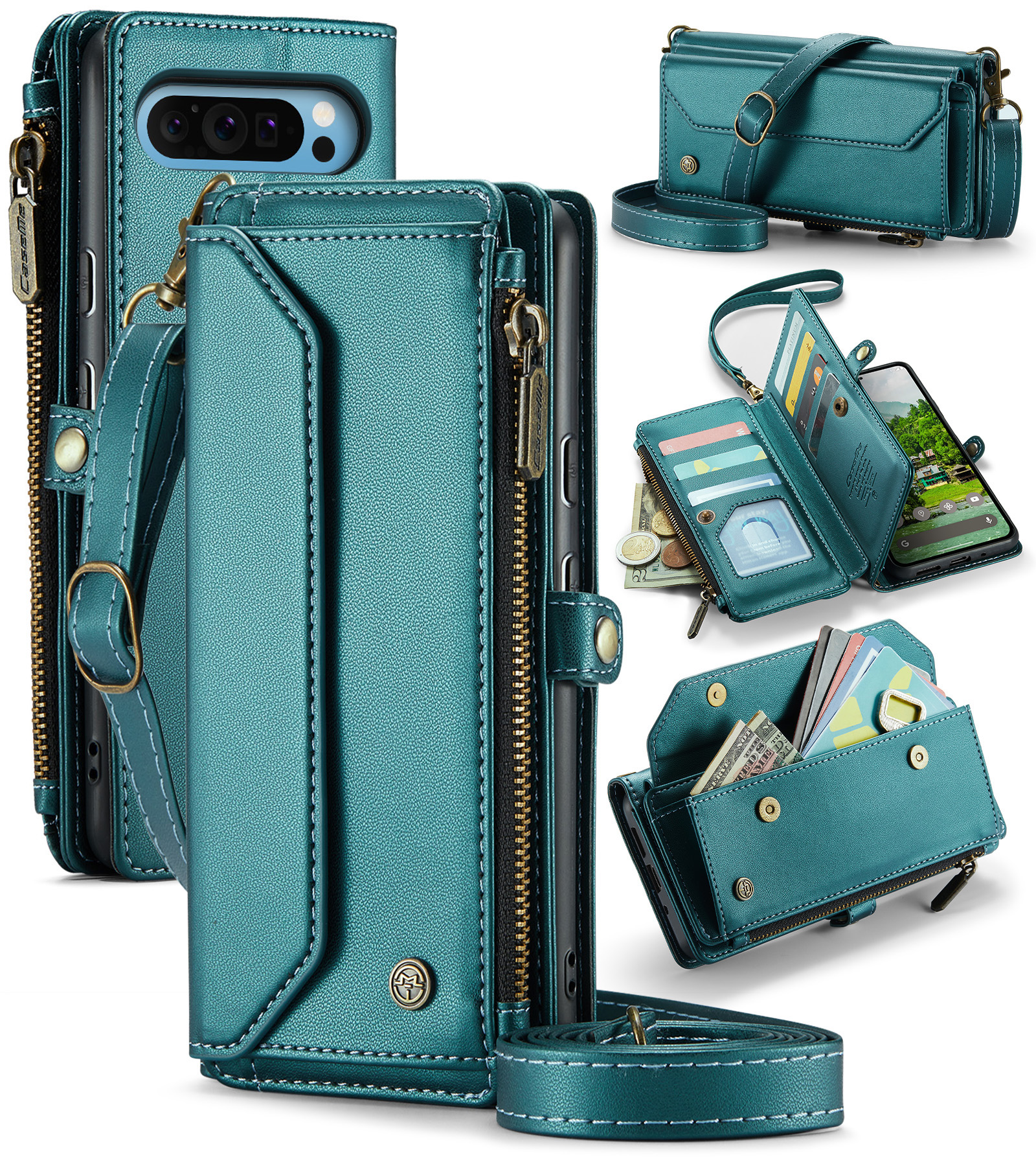 CaseMe - Telefoonhoesje geschikt voor Google Pixel 9 Pro XL - Wallet Book Case met Schouder Strap - Groen afbeelding