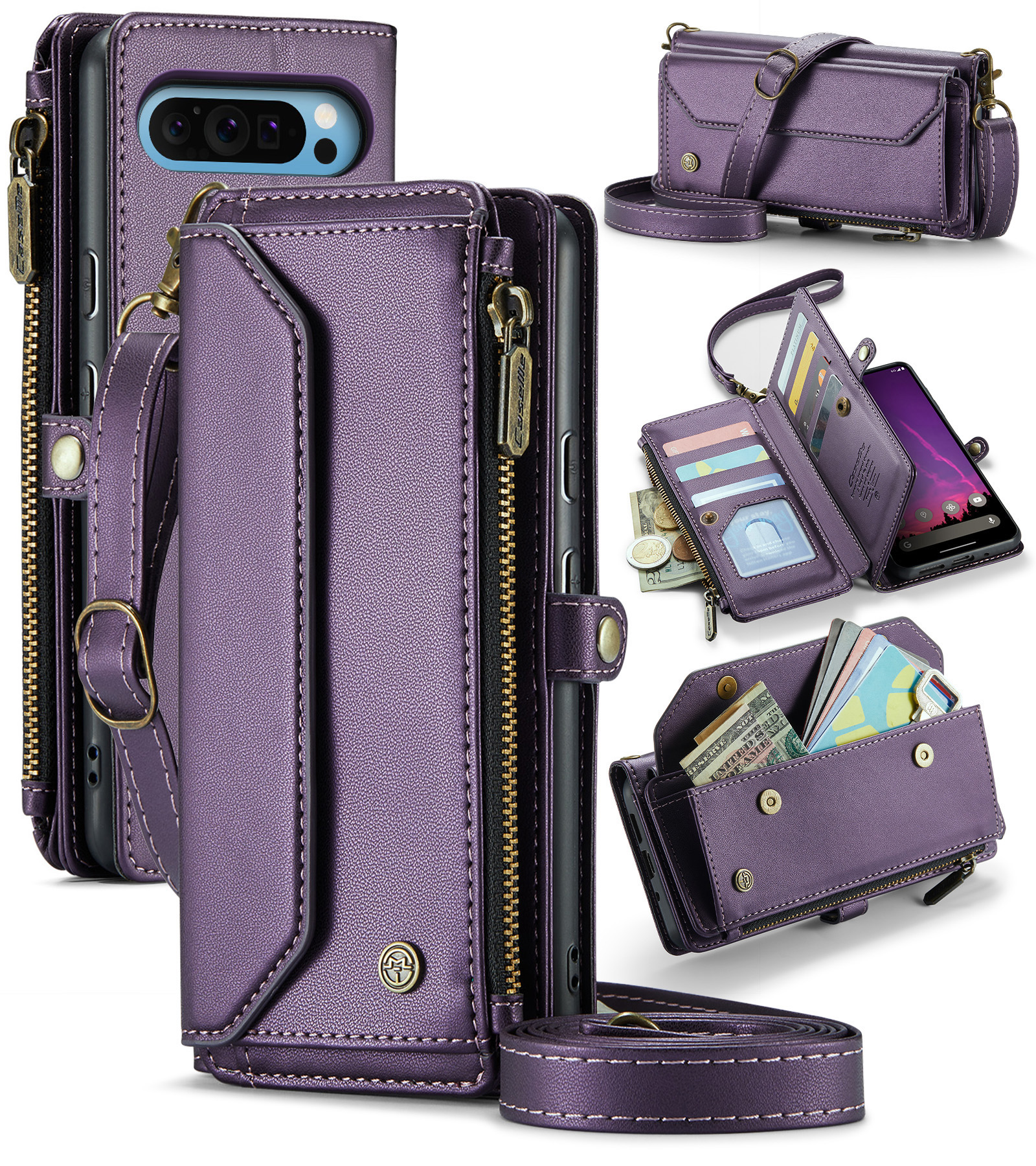 CaseMe - Telefoonhoesje geschikt voor Google Pixel 9 Pro XL - Wallet Book Case met Schouder Strap - Paars afbeelding