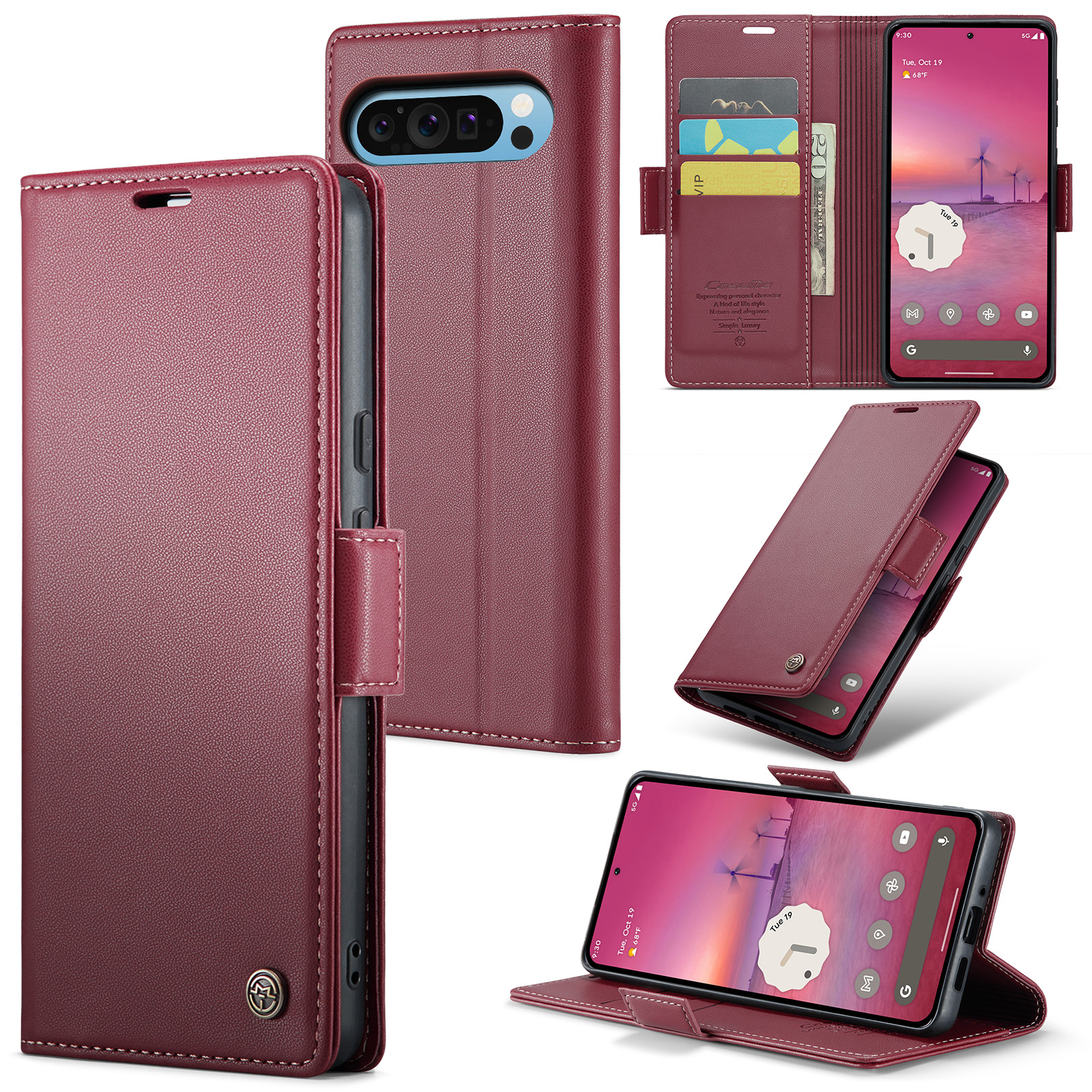 CaseMe - Hoesje geschikt voor Google Pixel 9 Pro XL - Retro Wallet Book Case - Met Magnetische Sluiting - Rood afbeelding