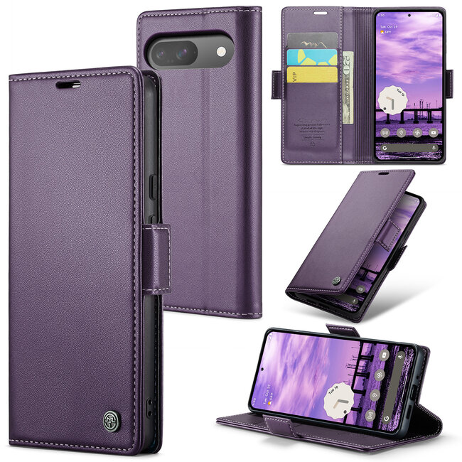 CaseMe - Hoesje geschikt voor Google Pixel 9/9 Pro  - Retro Wallet Book Case - Met Magnetische Sluiting - Paars