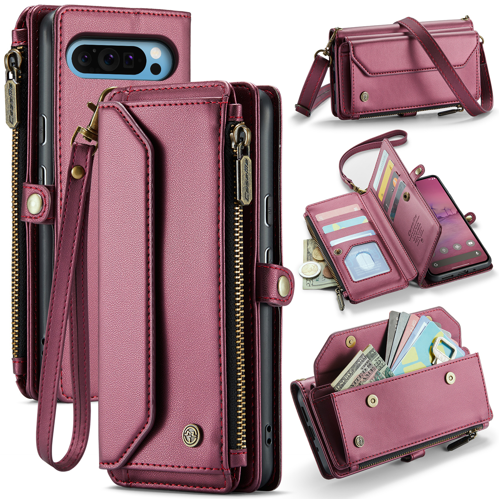 CaseMe - Telefoonhoesje geschikt voor Google Pixel 9 Pro XL - Wallet Book Case met Schouder Strap - Rood afbeelding