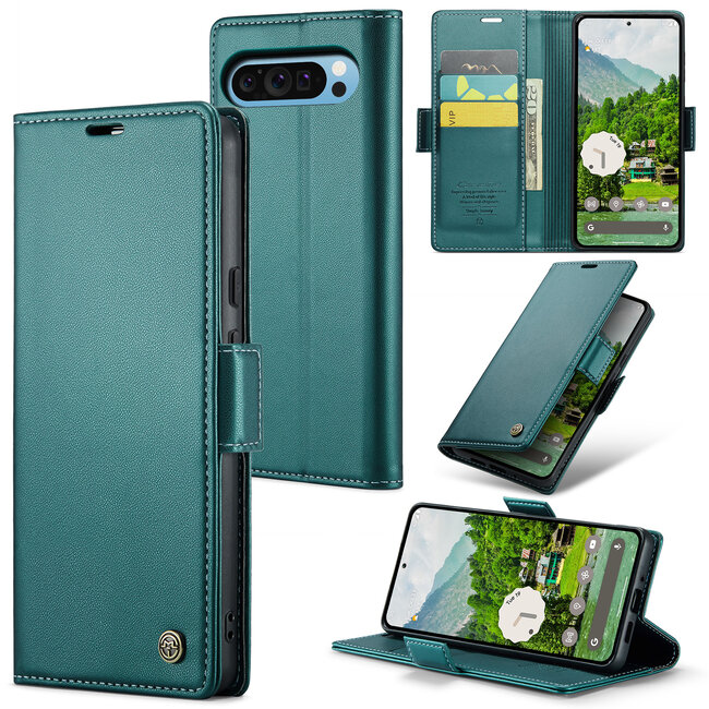 CaseMe - Hoesje geschikt voor Google Pixel 9 Pro XL - Retro Wallet Book Case - Met Magnetische Sluiting - Groen