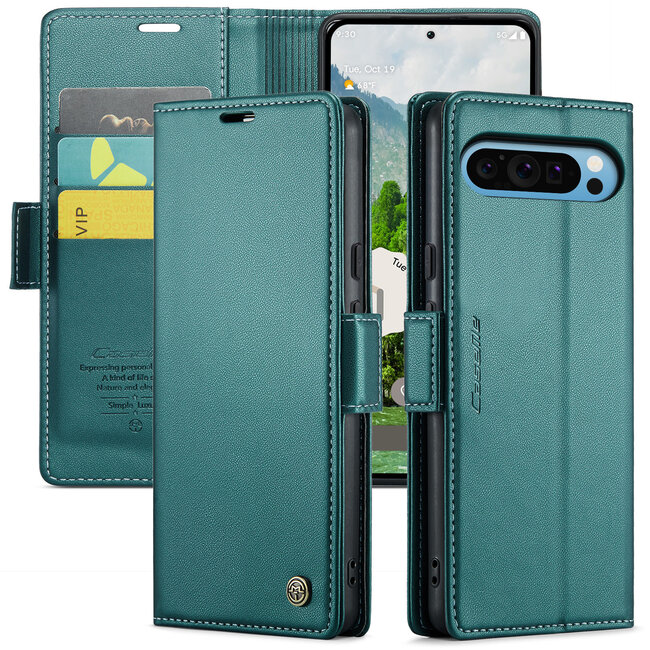 CaseMe - Hoesje geschikt voor Google Pixel 9 Pro XL - Retro Wallet Book Case - Met Magnetische Sluiting - Groen