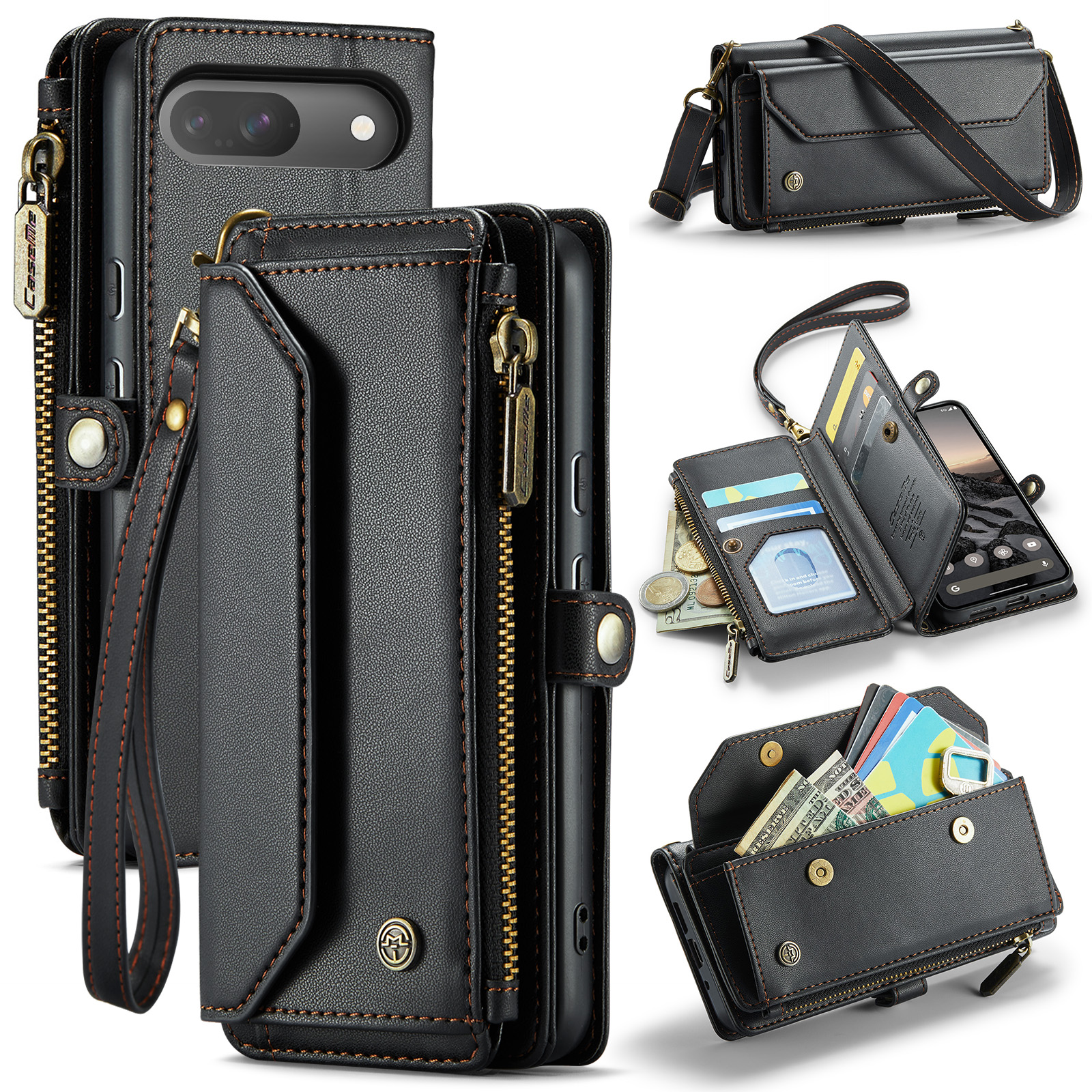 CaseMe - Telefoonhoesje geschikt voor Google Pixel 9/9 Pro - Wallet Book Case met Schouder Strap - Zwart afbeelding