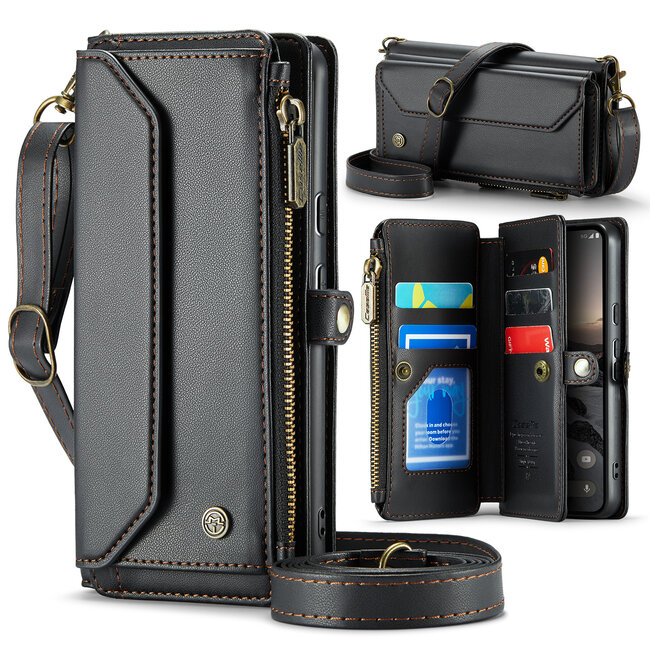 CaseMe - Telefoonhoesje geschikt voor Google Pixel 9/9 Pro - Wallet Book Case met Schouder Strap - Zwart