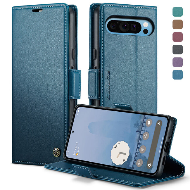 CaseMe - Hoesje geschikt voor Google Pixel 9 Pro XL - Retro Wallet Book Case - Met Magnetische Sluiting - Blauw
