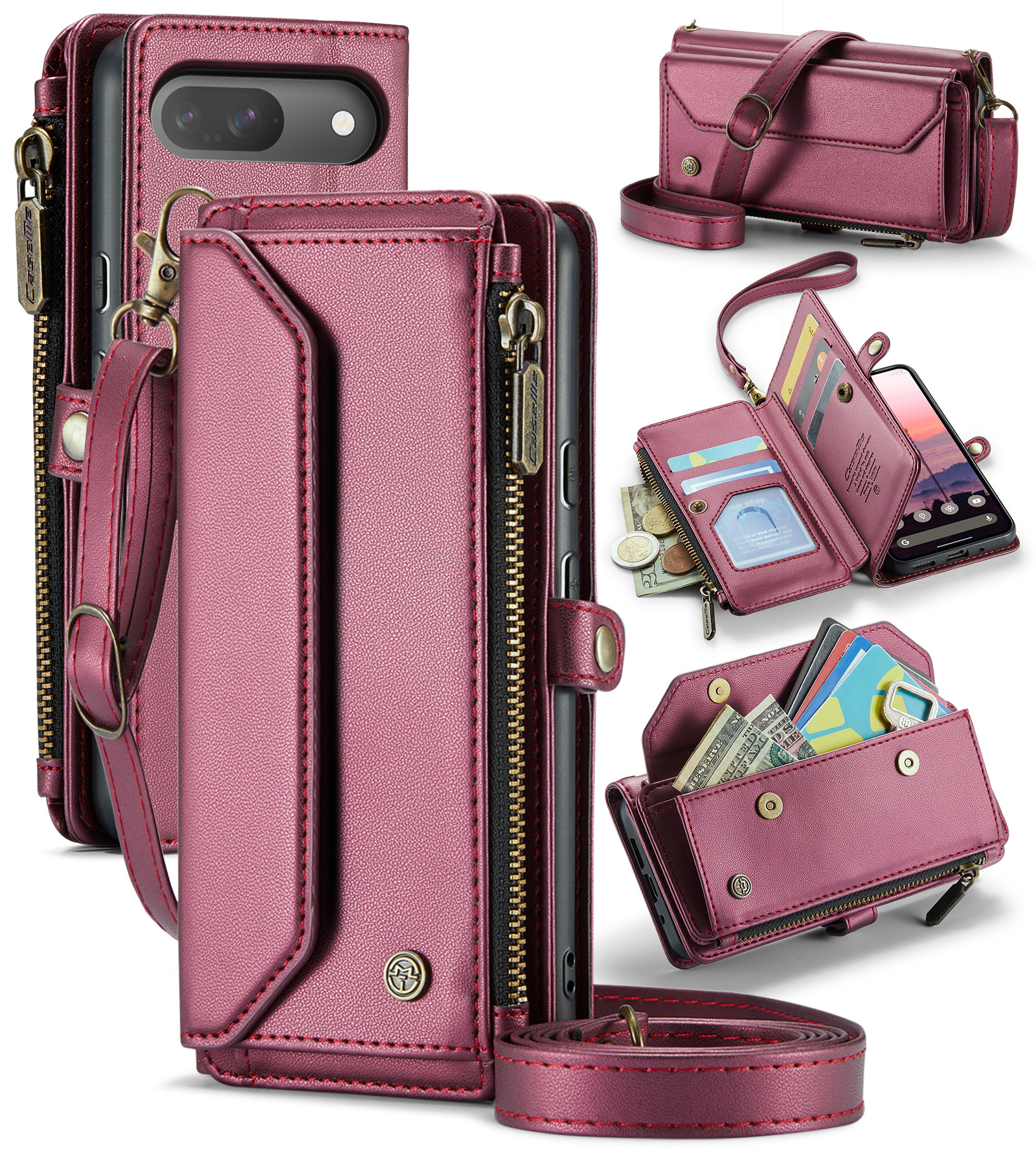 CaseMe - Telefoonhoesje geschikt voor Google Pixel 9/9 Pro - Wallet Book Case met Schouder Strap - Rood afbeelding