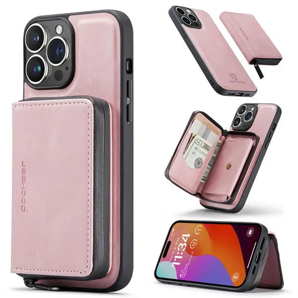 CaseMe - Telefoonhoesje geschikt voor Apple iPhone 15 Pro Met Magnetische Pasjeshouder - Back Cover - Roze afbeelding