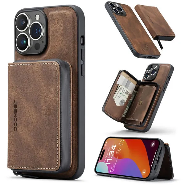 CaseMe - Telefoonhoesje geschikt voor Apple iPhone 15 Pro Max Met Magnetische Pasjeshouder - Back Cover - Bruin afbeelding