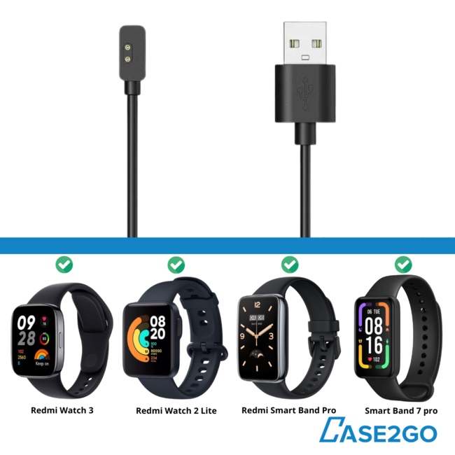 Case2go - Oplaadkabel geschikt voor Redmi Watch 3 / Redmi Watch 2 Lite / Redmi Smart Band Pro / Smart Band 7 Pro - USB - 1.0 meter - Zwart