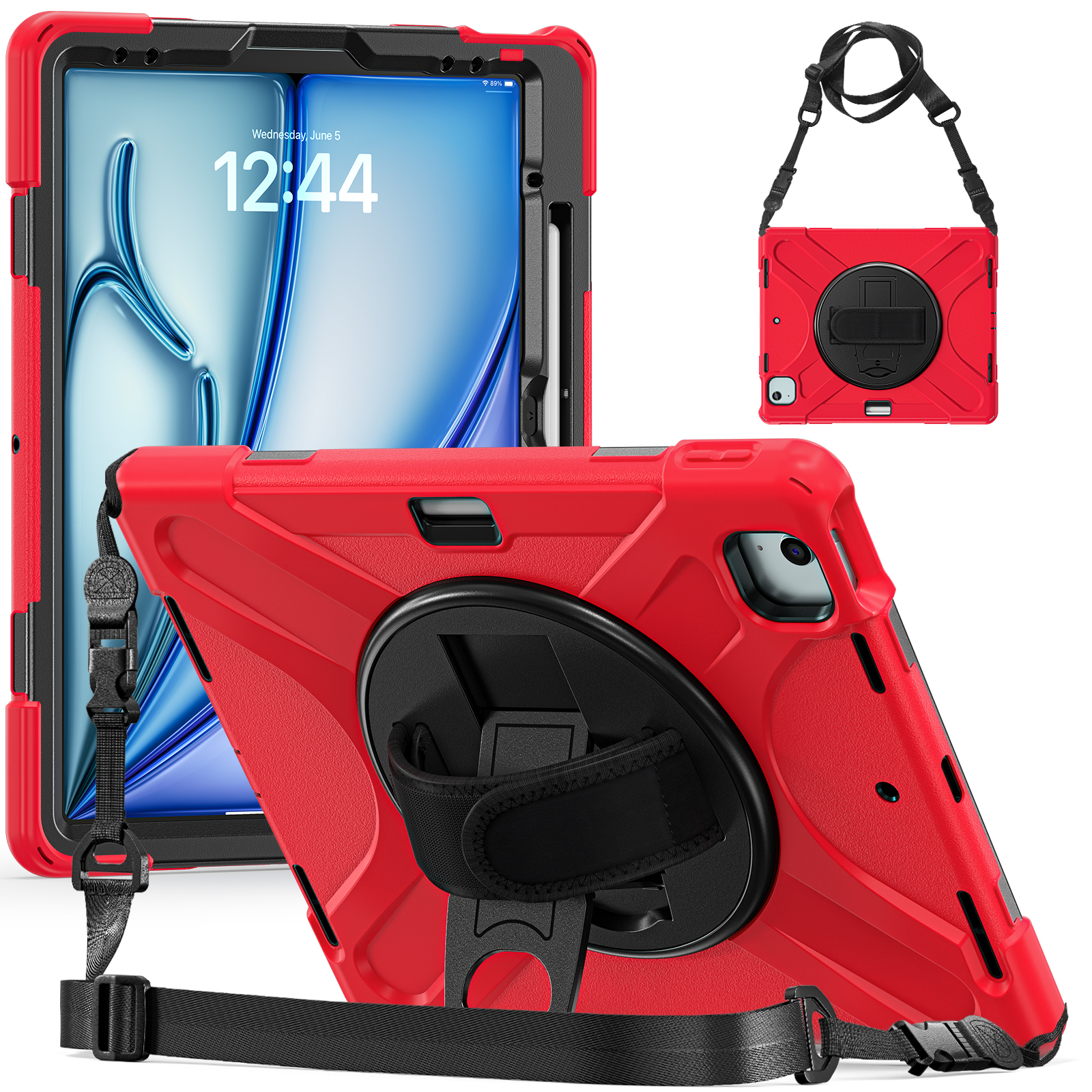 Case2go- Tablet Hoes geschikt voor Apple iPad Air 13 (2024) / iPad Pro 12.9 (2018/2020/2021/2022) - Hand Strap Heavy Armor Case - Rood afbeelding