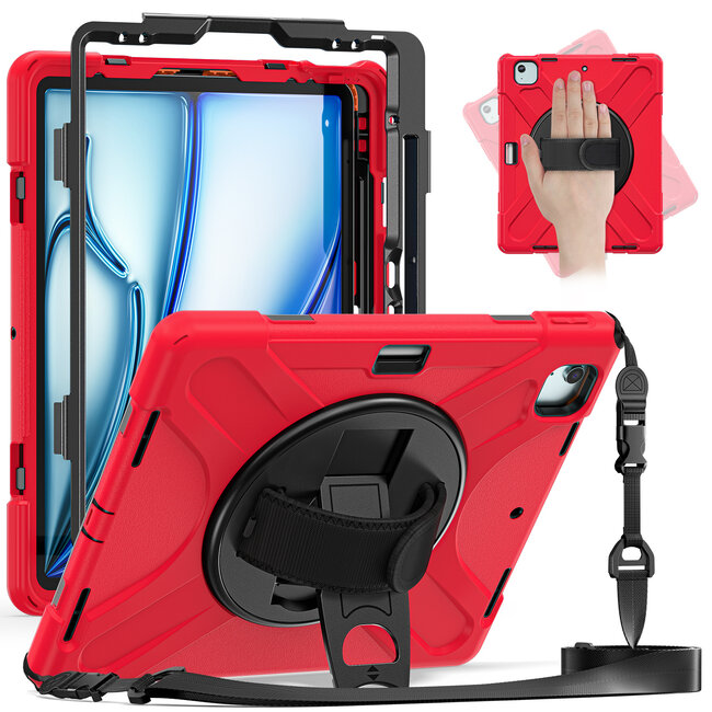 Case2go- Tablet Hoes geschikt voor Apple iPad Air 13 (2024) / iPad Pro 12.9 (2018/2020/2021/2022) - Hand Strap Heavy Armor Case - Rood