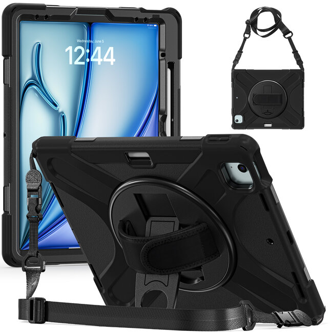 Case2go- Tablet Hoes geschikt voor Apple iPad Air 13 (2024) / iPad Pro 12.9 (2018/2020/2021/2022) - Hand Strap Heavy Armor Case - Zwart