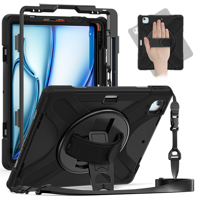 Case2go- Tablet Hoes geschikt voor Apple iPad Air 13 (2024) / iPad Pro 12.9 (2018/2020/2021/2022) - Hand Strap Heavy Armor Case - Zwart
