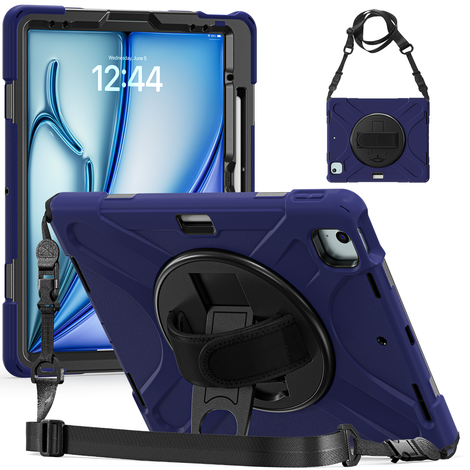 Case2go- Tablet Hoes geschikt voor Apple iPad Air 13 (2024) / iPad Pro 12.9 (2018/2020/2021/2022) - Hand Strap Heavy Armor Case - Donker Blauw afbeelding