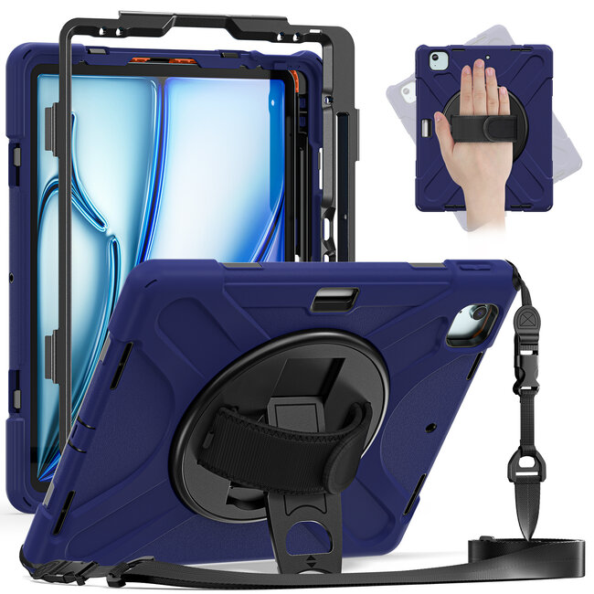 Case2go- Tablet Hoes geschikt voor Apple iPad Air 13 (2024) / iPad Pro 12.9 (2018/2020/2021/2022) - Hand Strap Heavy Armor Case - Donker Blauw