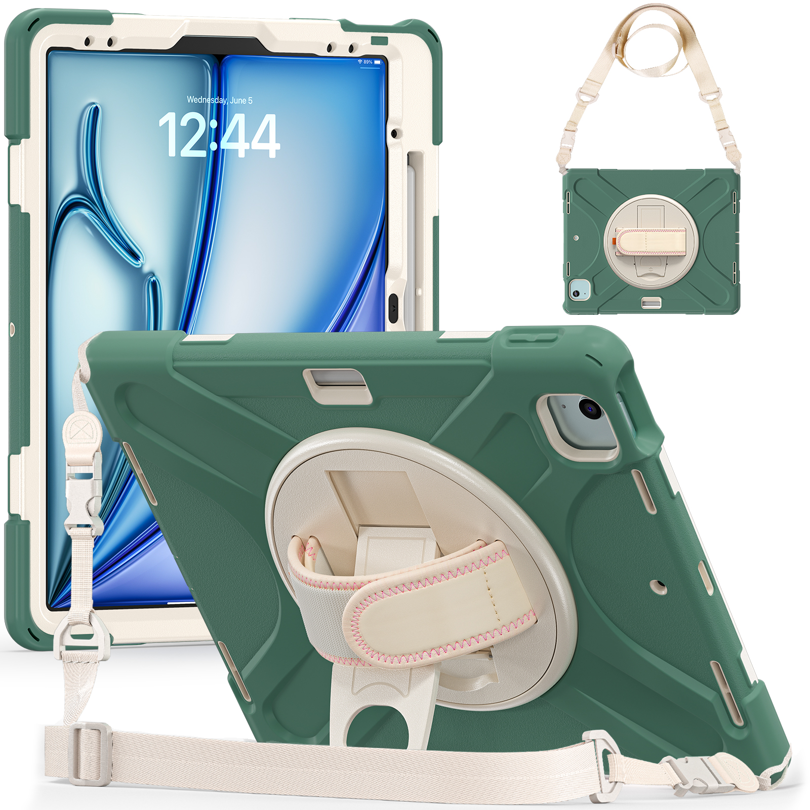 Case2go- Tablet Hoes geschikt voor Apple iPad Air 13 (2024) / iPad Pro 12.9 (2018/2020/2021/2022) - Hand Strap Heavy Armor Case - Groen afbeelding