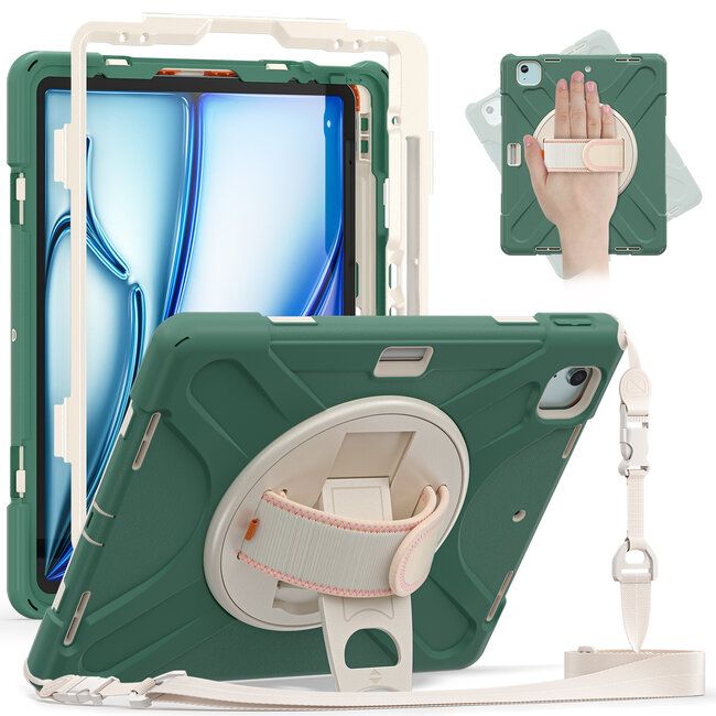 Case2go- Tablet Hoes geschikt voor Apple iPad Air 13 (2024) / iPad Pro 12.9 (2018/2020/2021/2022) - Hand Strap Heavy Armor Case - Groen