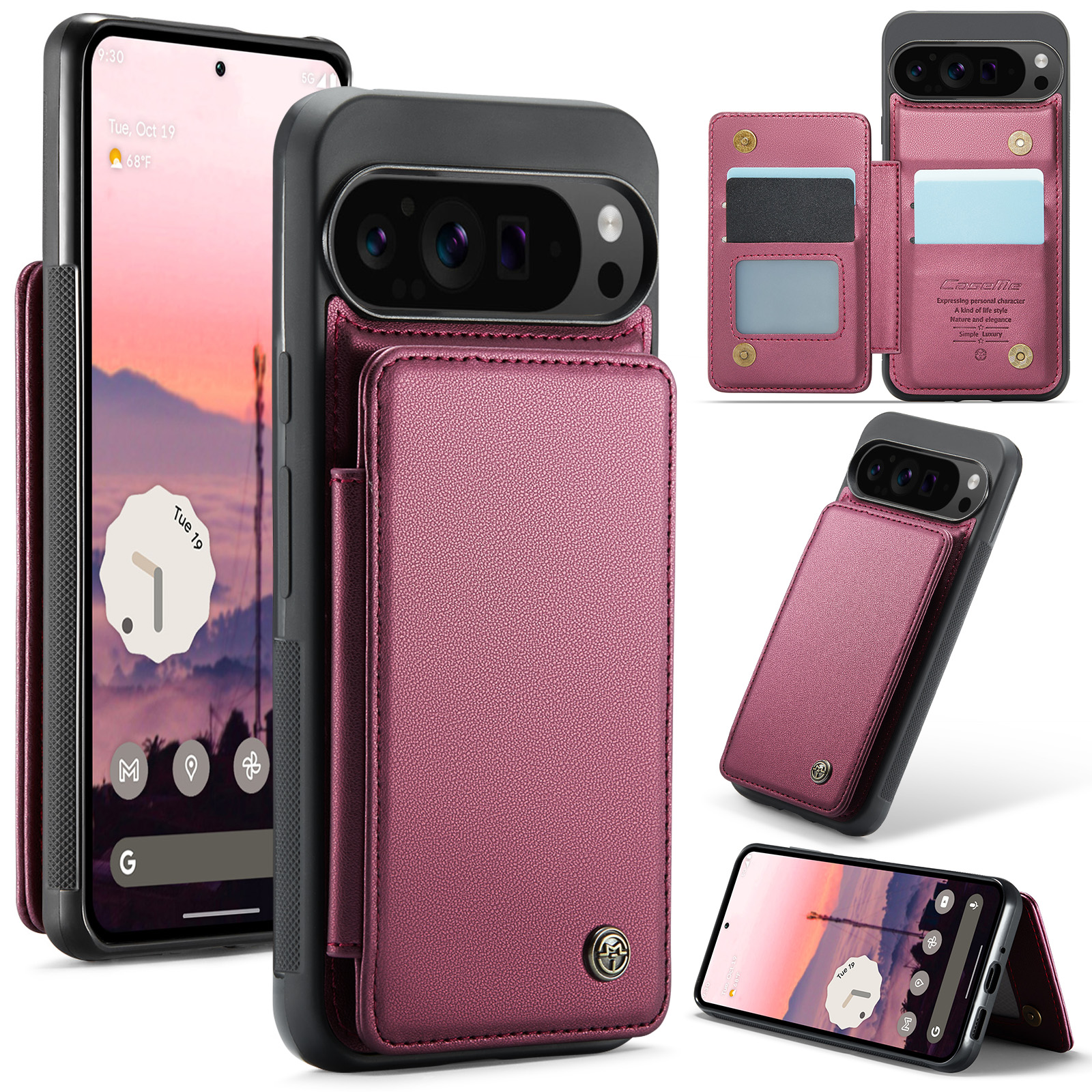 CaseMe - Telefoonhoesje geschikt voor Google Pixel 9 Pro XL - Back Cover met RFID Pasjeshouder - Rood afbeelding