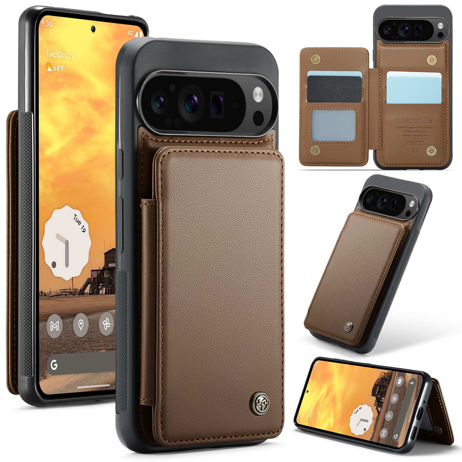 CaseMe - Telefoonhoesje geschikt voor Google Pixel 9 Pro XL - Back Cover met RFID Pasjeshouder - Bruin afbeelding
