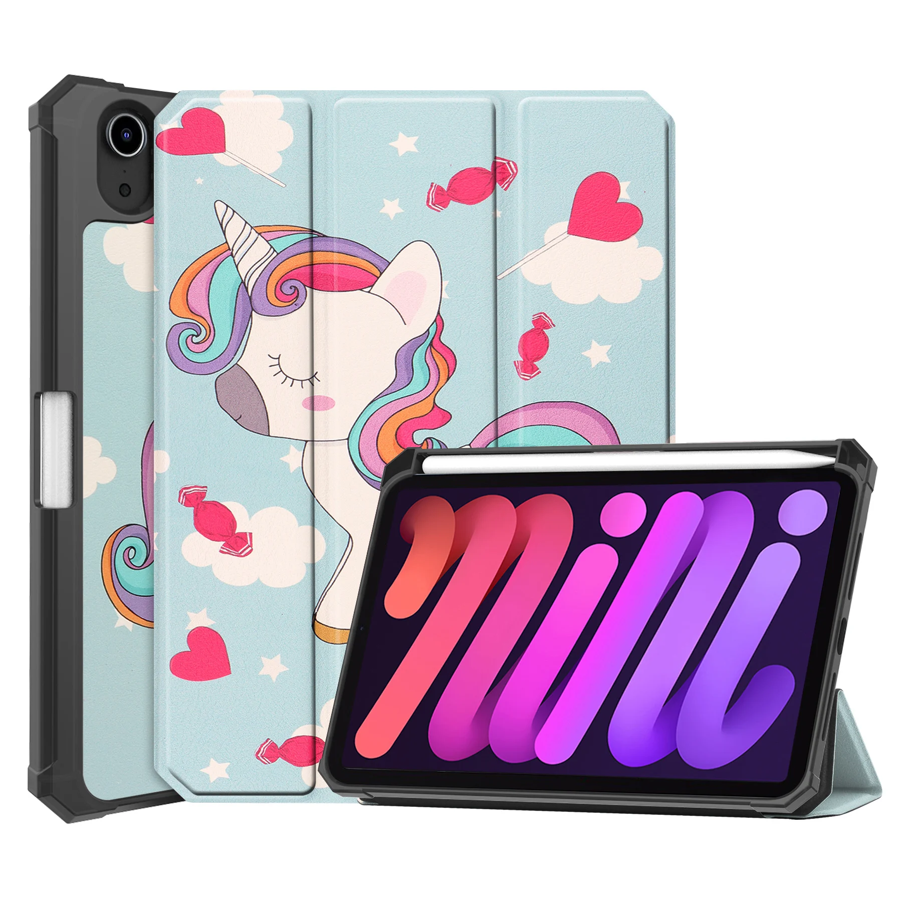 Case2go - Tablet hoes geschikt voor Apple iPad Mini 7 (2024) - 8.3 inch - TPU Book Case met Apple Pencil Houder - Eenhoorn afbeelding