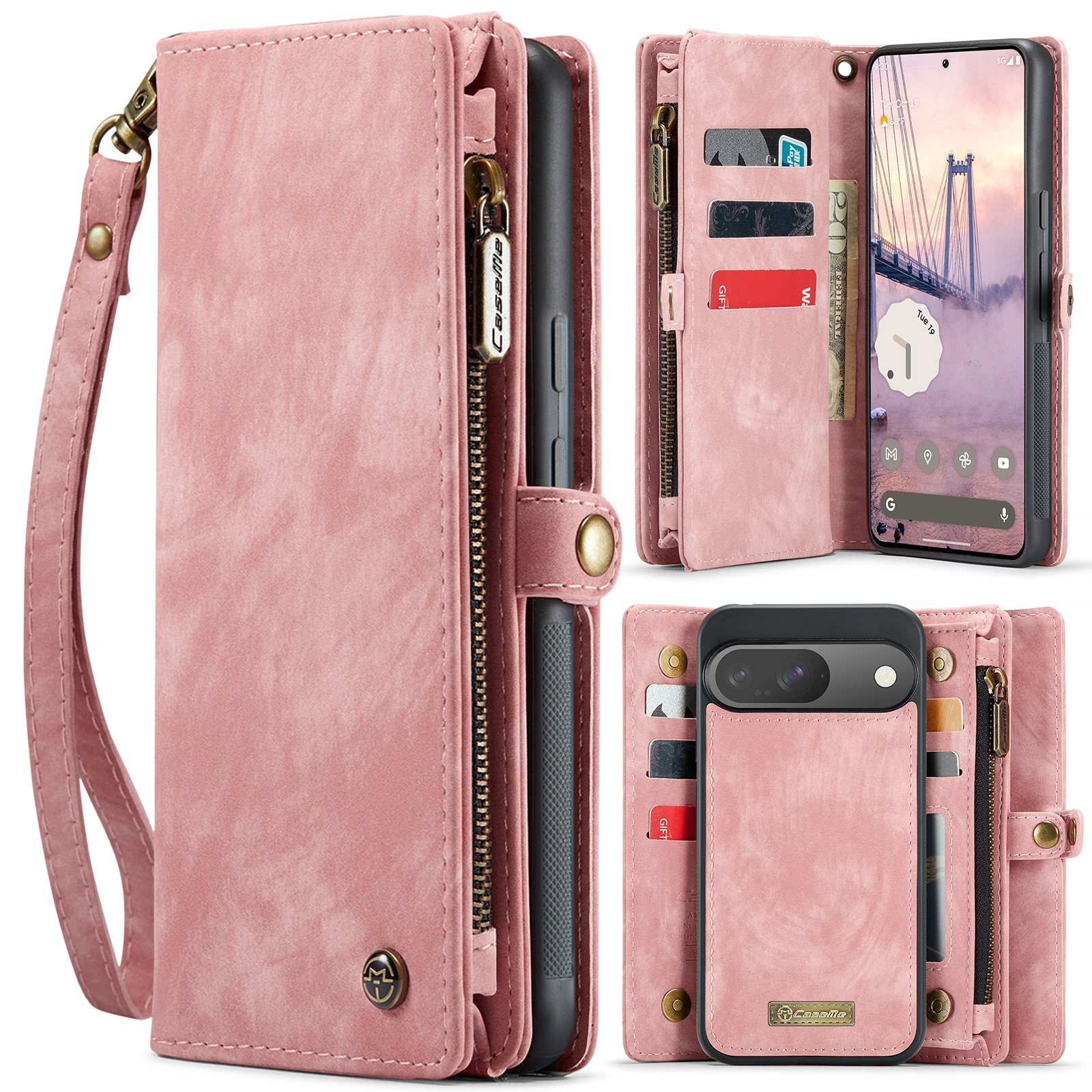 CaseMe - Telefoonhoesje geschikt voor Google Pixel 9/9 Pro - 2 in 1 Book Case en Back Cover - Lichtroze afbeelding