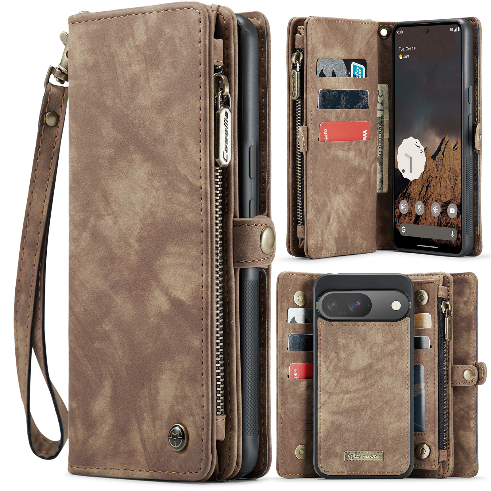 CaseMe - Telefoonhoesje geschikt voor Google Pixel 9/9 Pro - 2 in 1 Book Case en Back Cover - Bruin afbeelding
