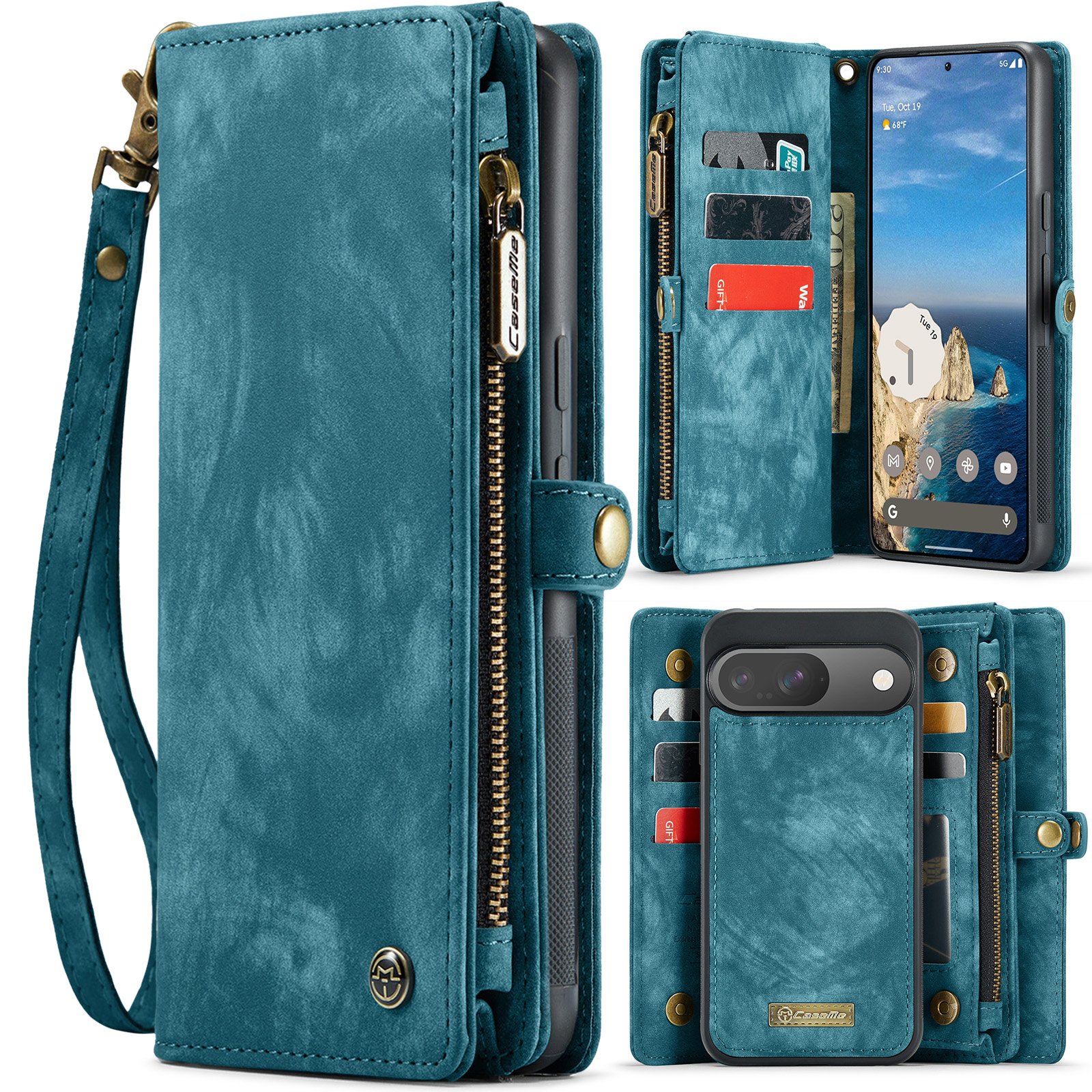 CaseMe - Telefoonhoesje geschikt voor Google Pixel 9/9 Pro - 2 in 1 Book Case en Back Cover - Blauw afbeelding